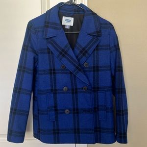 Old Navy Blue Plaid Double Breasted Peacoat